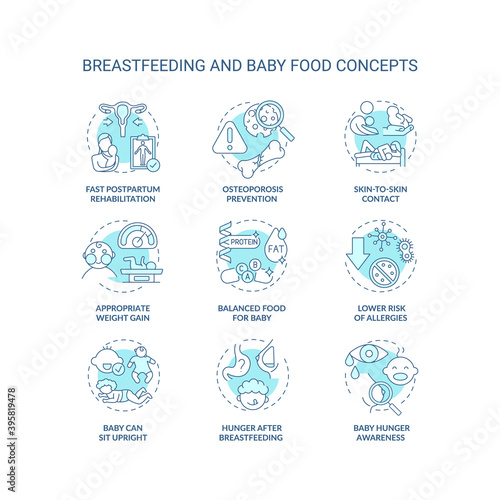 Breastfeeding and baby food concept icons set. Natural source of healthy nutrition for your baby. Motherhood idea thin line RGB color illustrations. Vector isolated outline drawings. Editable stroke