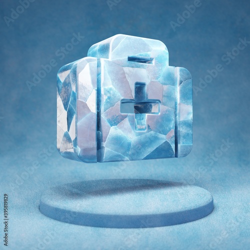 Medkit icon. Cracked blue Ice Medkit symbol on blue snow podium.