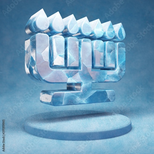 Menorah icon. Cracked blue Ice Menorah symbol on blue snow podium. photo