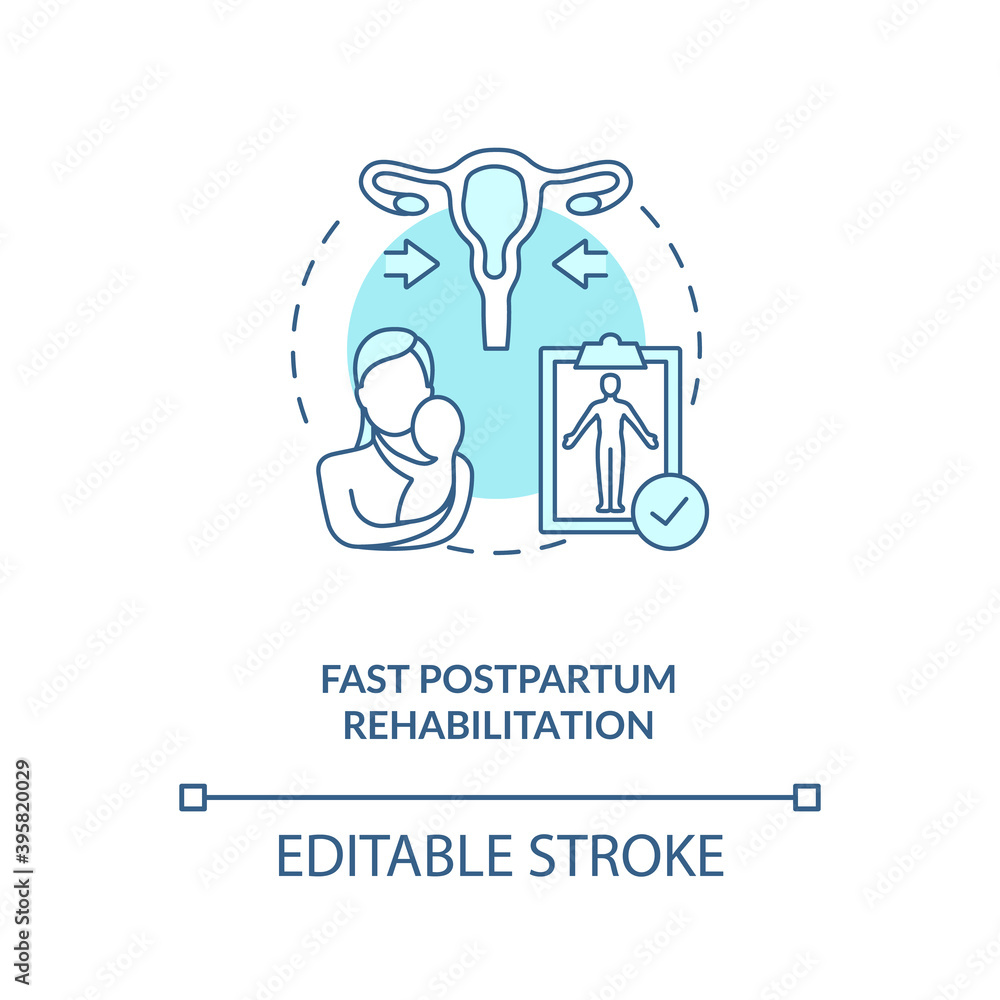 Fast postpartum rehabilitation concept icon. Breastfeeding benefit for women. Strong ache and pain. Stay regular idea thin line illustration. Vector isolated outline RGB color drawing. Editable stroke Fast postpartum rehabilitation concept icon. Breastfeeding benefit for women. Strong ache and pain. Stay regular idea thin line illustration. Vector isolated outline RGB color drawing. Editable stroke