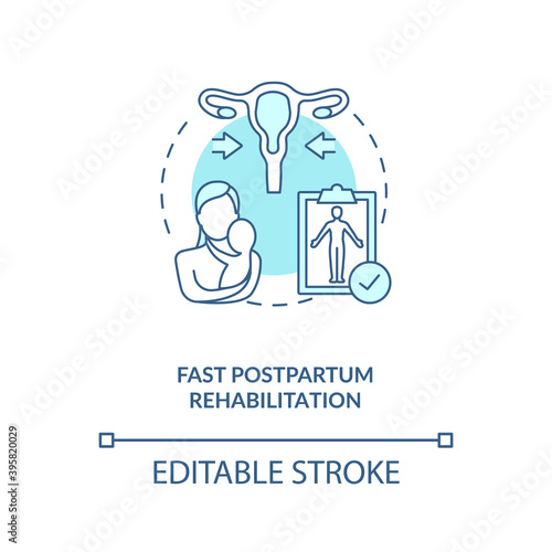 Fast postpartum rehabilitation concept icon. Breastfeeding benefit for women. Strong ache and pain. Stay regular idea thin line illustration. Vector isolated outline RGB color drawing. Editable stroke