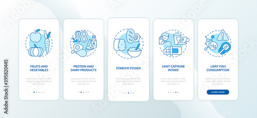 Healthy breastfeeding diet onboarding mobile app page screen with concepts. Protein and dairy products walkthrough 5 steps graphic instructions. UI vector template with RGB color illustrations