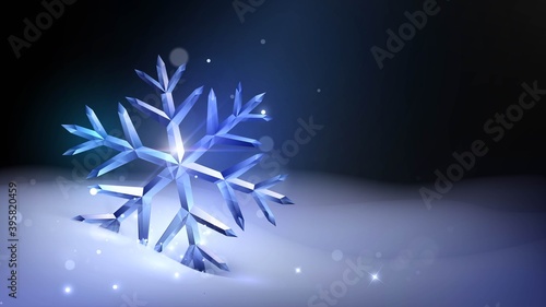 Shiny glass snowflake in a snowdrift, new year or christmas illustration