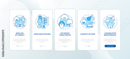 Introducing baby food requirements onboarding mobile app page screen with concepts. Baby has good head control walkthrough 5 steps graphic instructions. UI vector template with RGB color illustrations