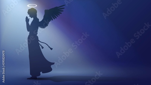 Silhouette of an angel in rays of light praying, religious or festive vector illustration