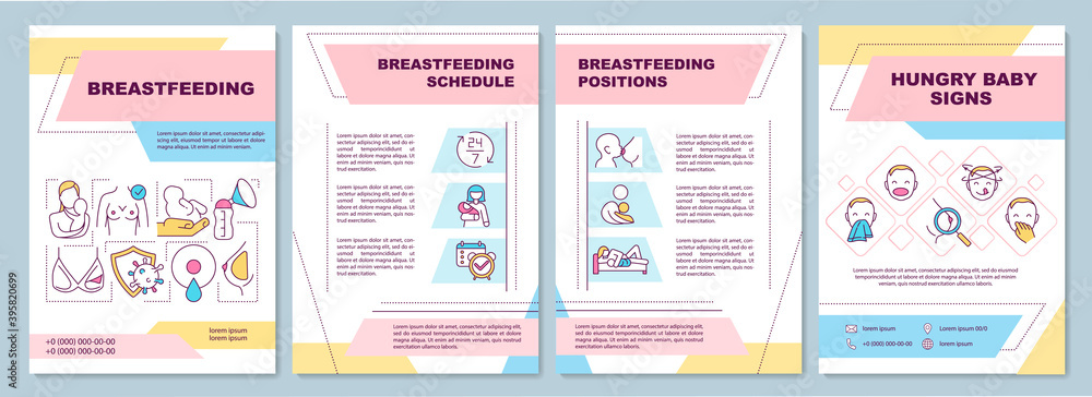 Breastfeeding brochure template. Schedule, position. Hungry baby signs. Flyer, booklet, leaflet print, cover design with linear icons. Vector layouts for magazines, annual reports, advertising posters