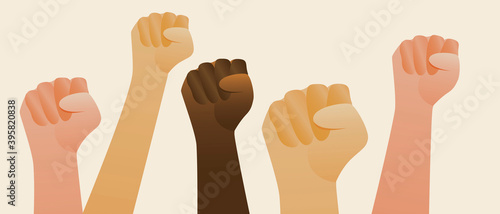 Power fight, fist isolated as concept of feminism, stop racism, vector stock illustration with multicultural international people