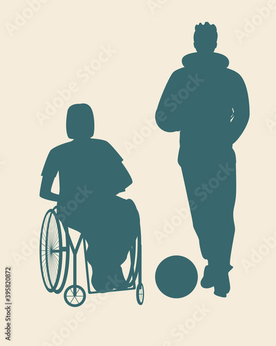 Silhouette of happy wheelchair disabled person isolated as friendship concept, society inclusive, inclusive vector stock illustration with disabled person and friend playing football