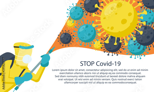Person wearing hazmat disinfecting the virus. COVID-19 coronavirus molecules. Coronavirus Outbreak. Flat vector illustration