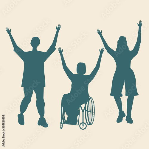 Silhouette of happy wheelchair disabled person isolated as friendship concept, society inclusive, inclusive vector stock illustration with disabled person and friends