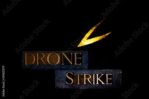 Drone Strike text with lightning bolt on black background photo