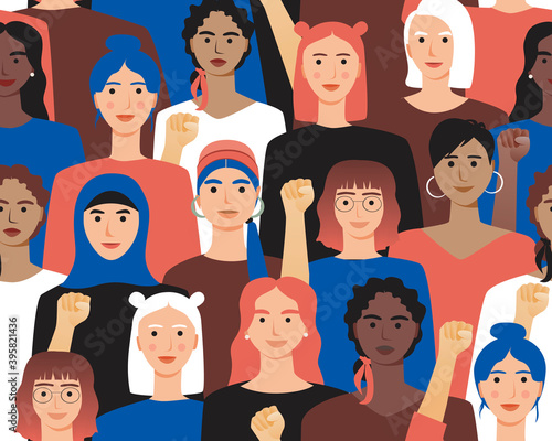 Feminism texture, woman seamless pattern as concept of woman rights, feminism, women's day, flat vector stock illustration, different ethnicity, old and young