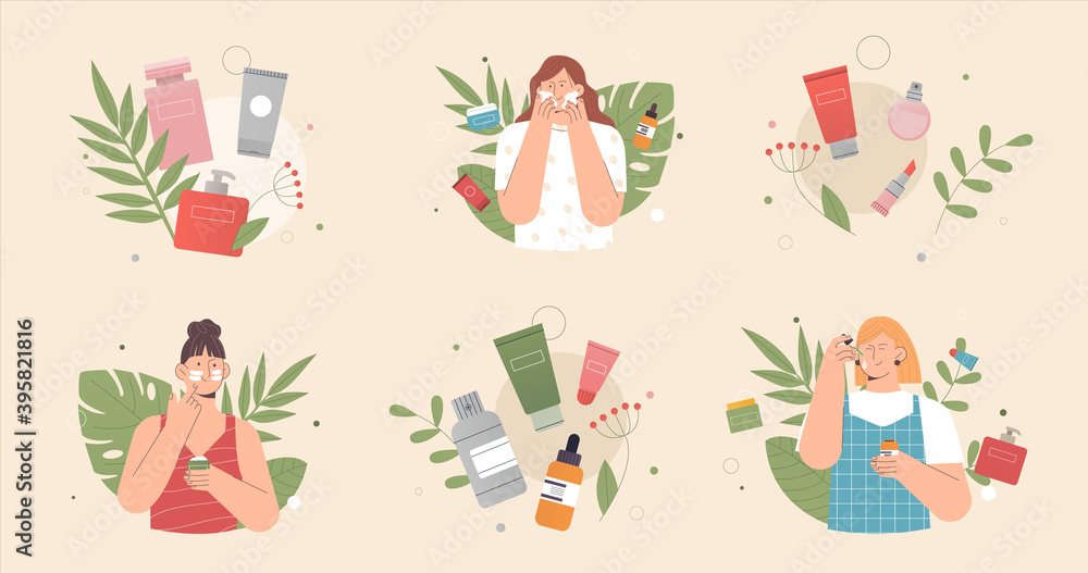Skin care scenes. Cute young woman applies cream and cleansing or moisturizing her skin. The concept of organic natural cosmetics. Flat style vector illustration.