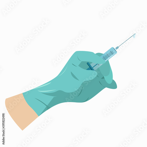 A gloved hand holds a syringe with medication