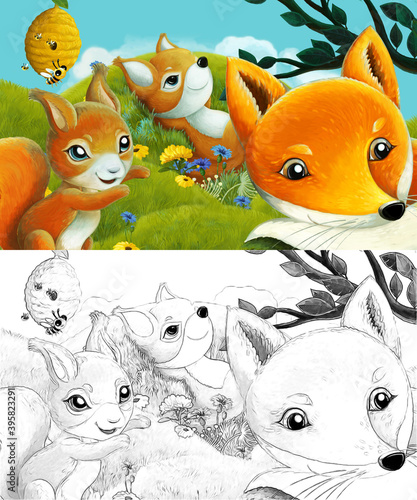 cartoon with sketch scene with sketch with forest animal on the meadow