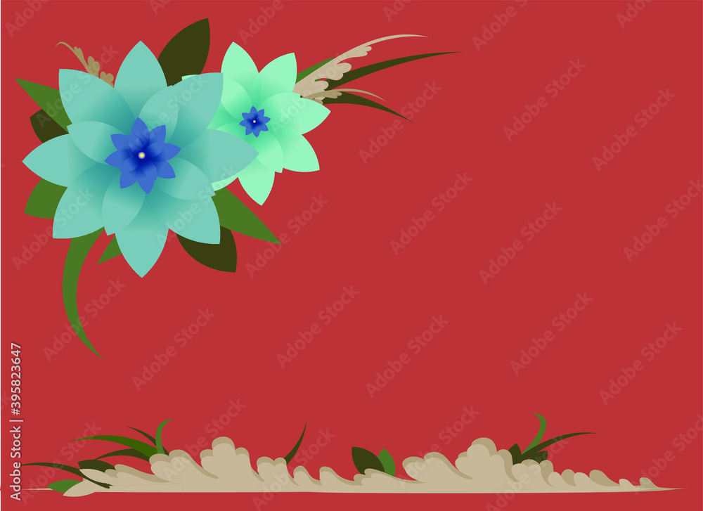Naklejka premium blue flowers on red background and leafy border