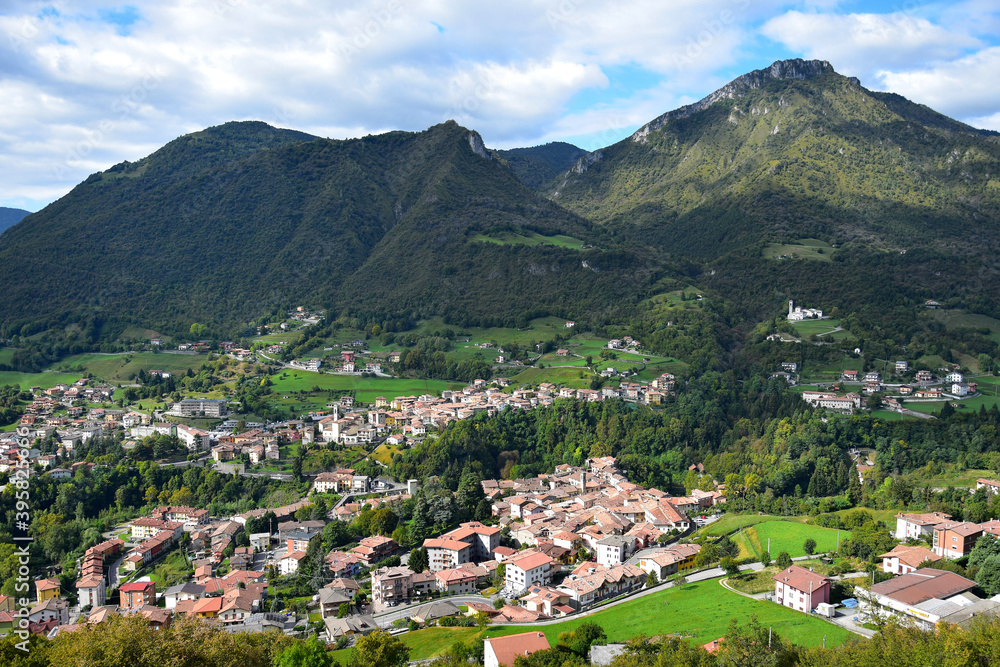 The small town Sovere and the Santuario Madonna della Torre, Bergamo, Lombardy, Italy.