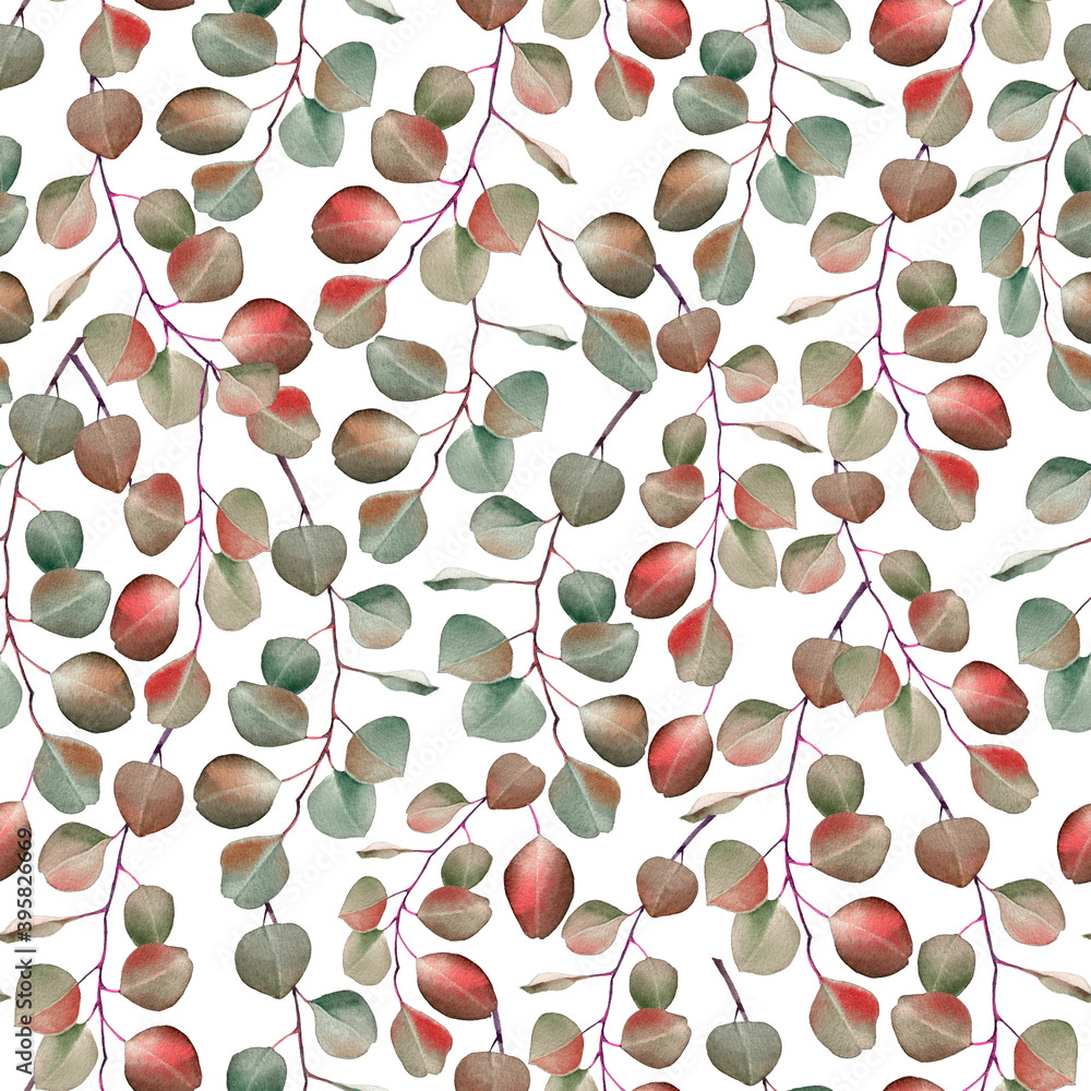 Watercolor seamless pattern with eucalyptus green leaves and branches ...