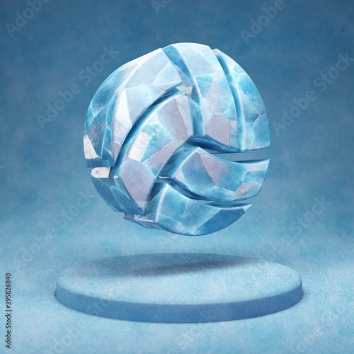 Volleyball Ball icon. Cracked blue Ice Volleyball Ball symbol on blue snow podium.