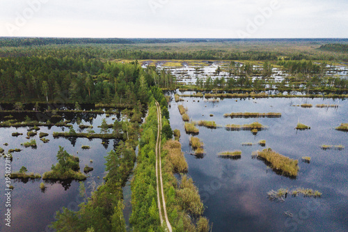 aerial drone shot view look from above of a swamp moss national park in Latvia, Kemeri with a trail and small ponds peat bog turbary reflection of the sky photo