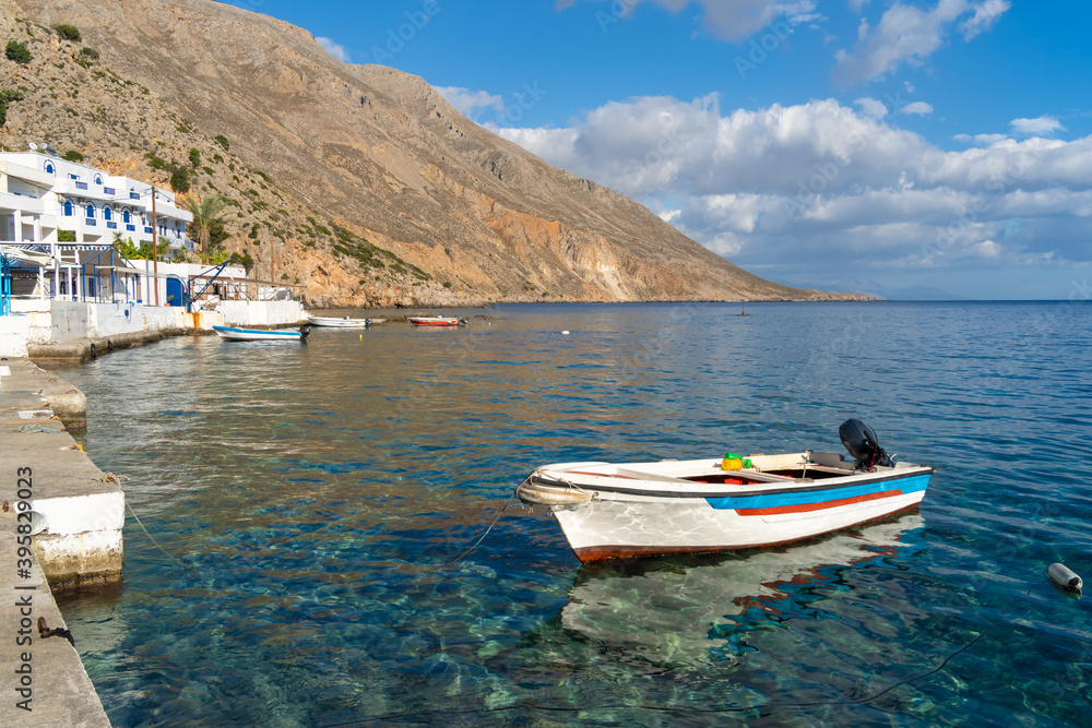 The isolated idyllic port village of Loutro, only accessible by foot or boat in the Sfakia regfion of Southern Crete, Greece