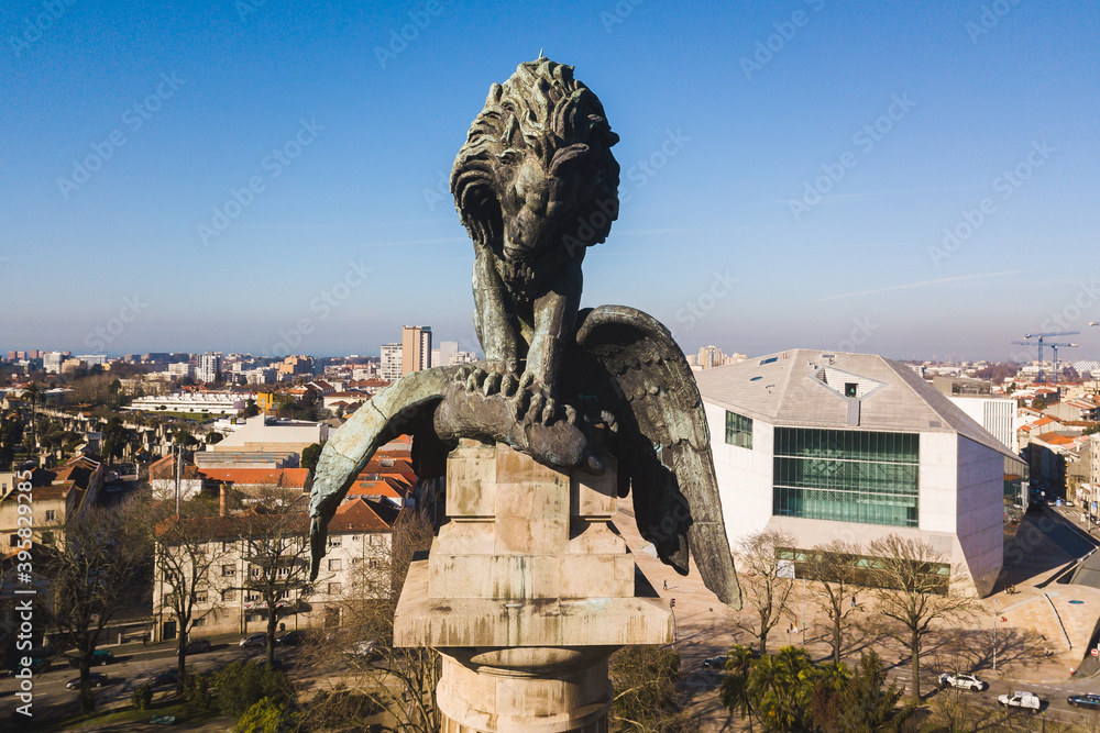 Obraz premium Casa da Música Porto Portugal view of a city monument Rotunda da Boavista Praça de Mouzinho de Albuquerque lion drone shot aerial 