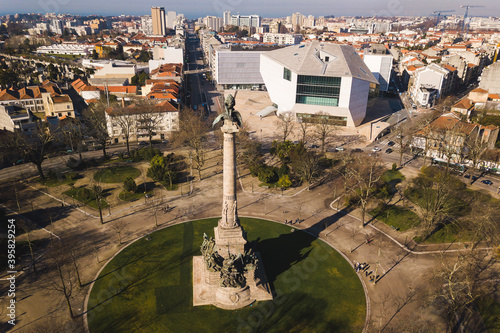 Casa da Música Porto Portugal view of a city 
monument Rotunda da Boavista Praça de Mouzinho de Albuquerque lion drone shot aerial  photo
