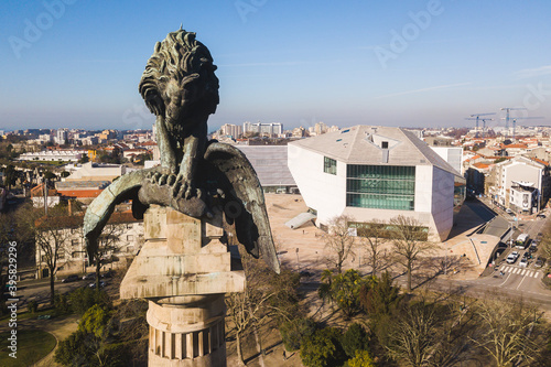 Casa da Música Porto Portugal view of a city 
monument Rotunda da Boavista Praça de Mouzinho de Albuquerque lion drone shot aerial  photo