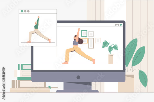 Online yoga lesson on screen pc or laptop. Women cartoon character practicing yoga and fitness in home. Flat style vector illustration.