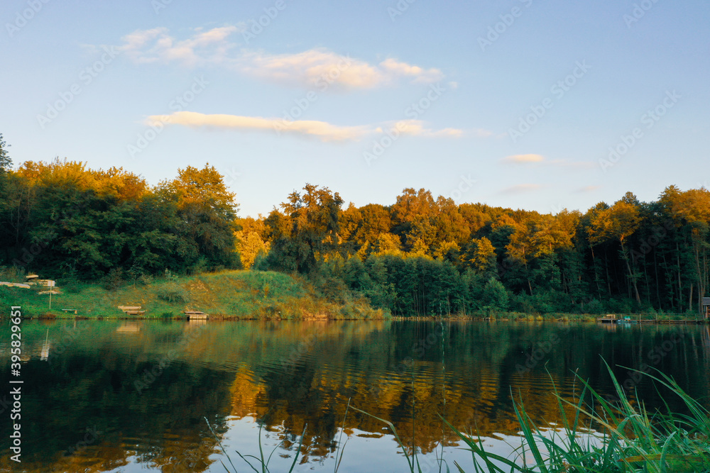 autumn lake forest and sunset colors