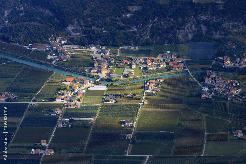 Villages and fields in the valley of Sarca, Sarche, Trentino-Alto Adige, Italy