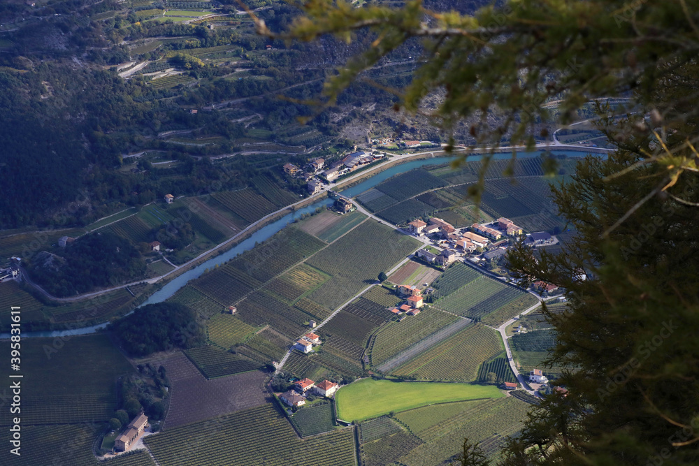 Villages and fields in the valley of Sarca, Sarche, Trentino-Alto Adige, Italy
