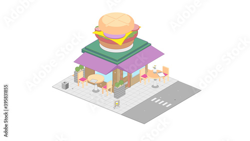 Isometric fastfood shop on white background. Modern burger shop.