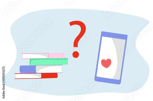 Smartphone or Books.Social Media Addiction,Smartphone and Gadget Dependency.Flat Vector Illustration