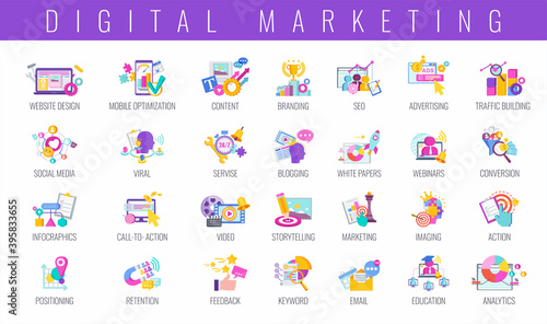 Digital marketing color icons set. Flat vector illustration.