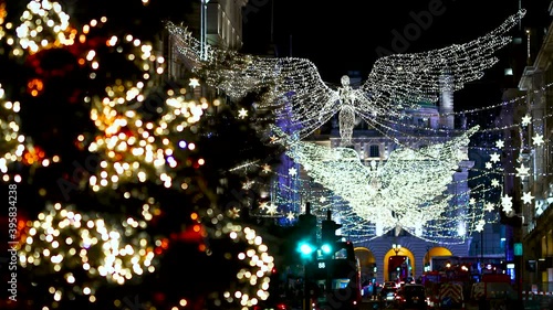 A Christmas lights on Waterloo Place, a major road in the City of Westminster in the West End of London, UK