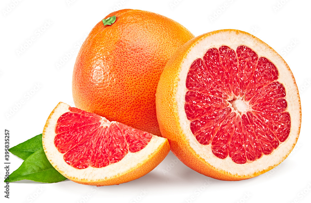sliced grapefruit with green leaves isolated on white background. full depth of field. clipping path sliced grapefruit with green leaves isolated on white background. full depth of field. clipping path
