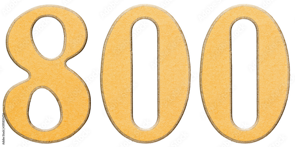 800, eight hundred, numeral of wood combined with yellow insert, isolated on white background