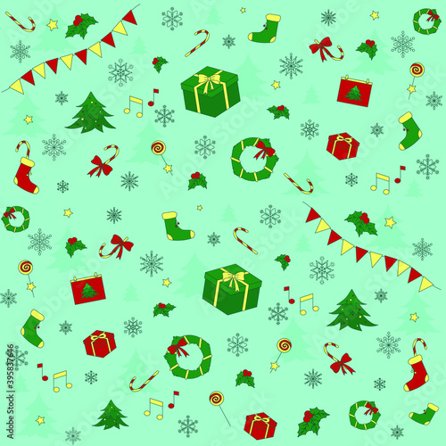 New year pattern. Christmas digital paper. Wreath, bow, ribbons and Christmas tinsel. New year gifts, candy, socks for presents. Calendar with new year symbol. Vector illustration isolated on white