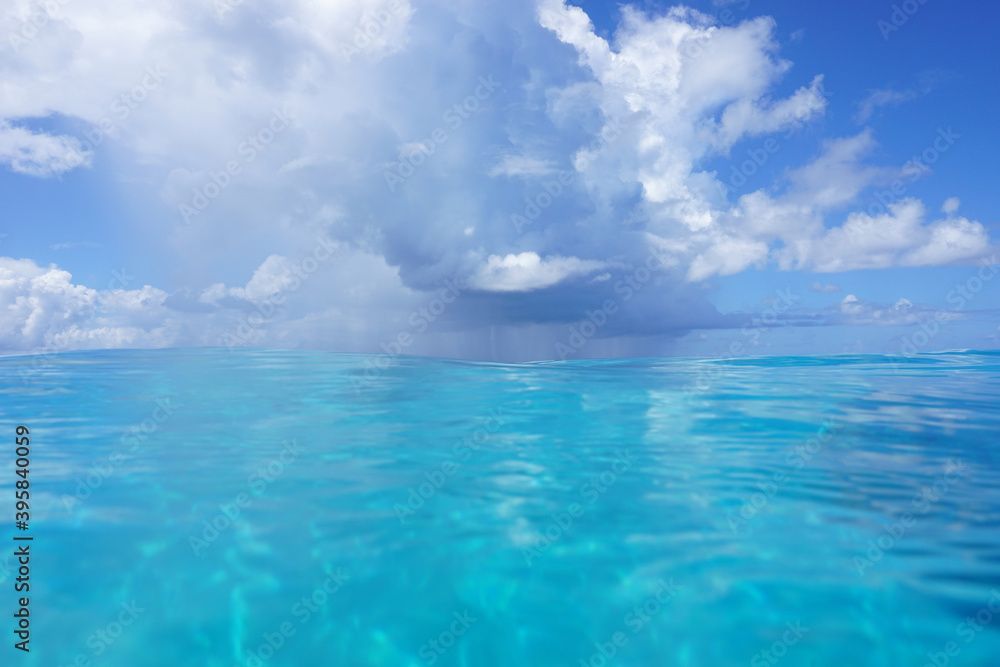 Seascape background, blue sky with cloud on the ocean, seen from water surface, natural scene, south Pacific ocean