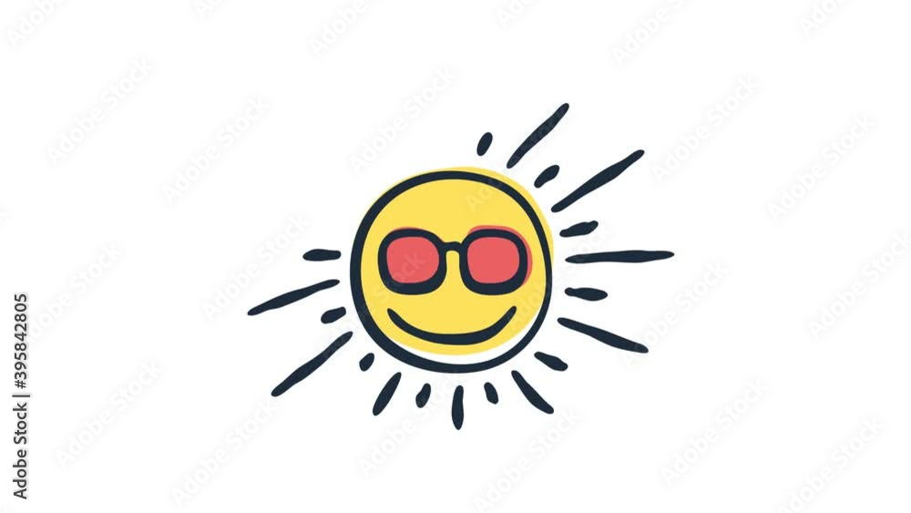 Self drawing animation sketch of sun shining. Copy space. White background. Sketch, cartoon, doodle. Weather concept.