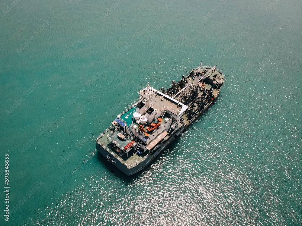 Aerial view of the oil tanker in blue waters, fuel, industry; vessels  concept.