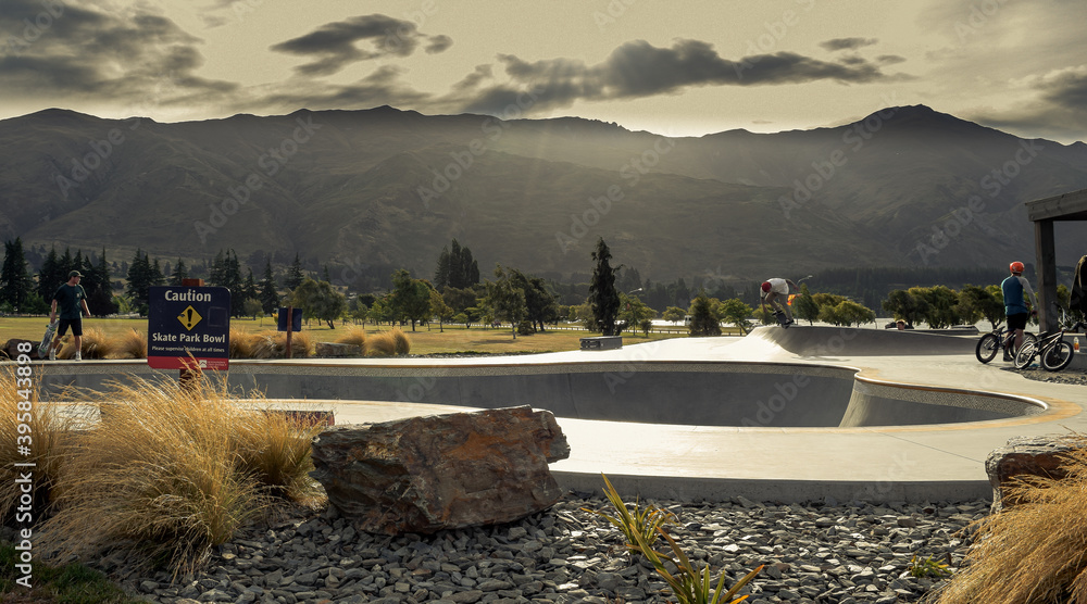 Panoramic view from skaterpark and mountain background from New Zealand, Wanaka, 2019