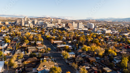 Fotografie Drone photo downtown Reno looking north from south of the city during the fall s