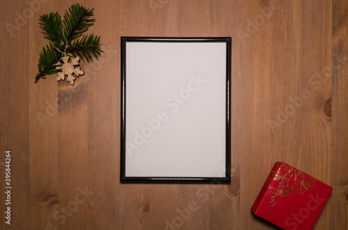 Empty cart with christmas decoration on the wooden talbe  photo