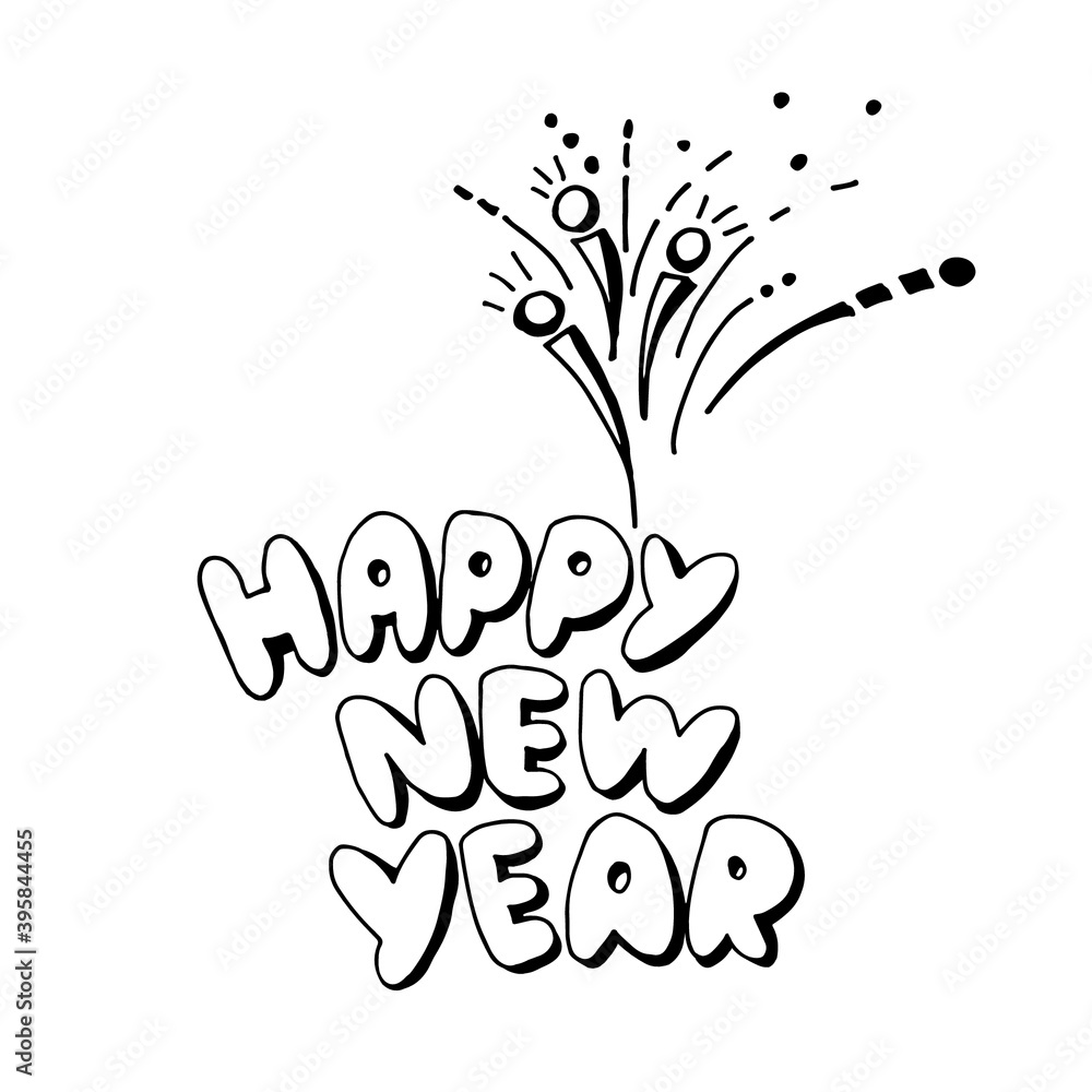 Happy New Year hand drawing doodle outline. New Year greeting card. Vector illustration. Happy New Year hand drawing doodle outline. New Year greeting card. Vector illustration.