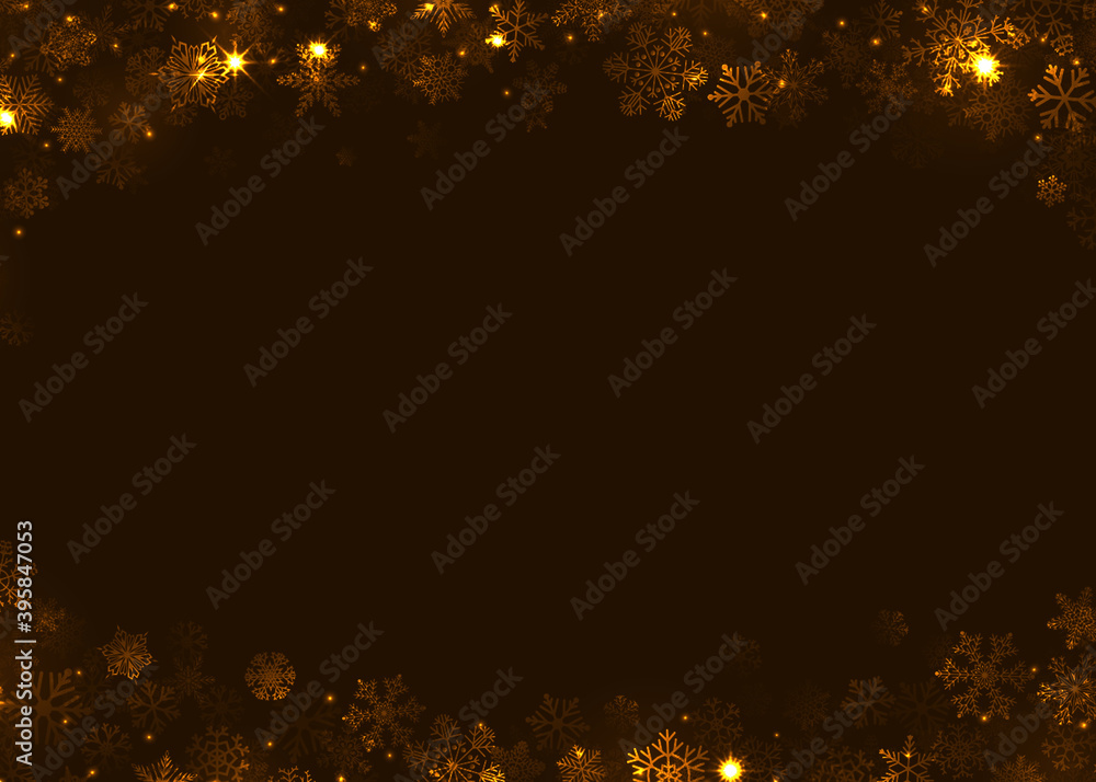 Merry Christmas and happy New year. Background for a Christmas card. Brown background with snowflakes and sparkling lights for Christmas greetings. Winter holiday. Happy holiday.