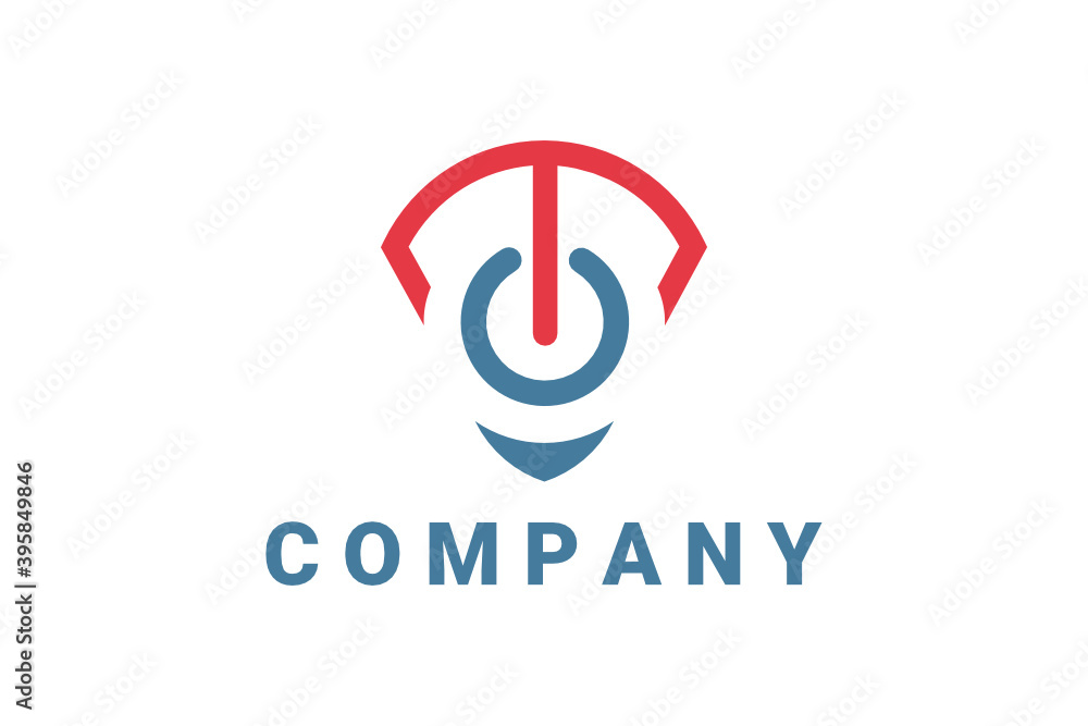 Flat vector logo element with illustration power button and shields forming initials Flat vector logo element with illustration power button and shields forming initials