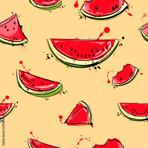Vector abstract seamless pattern with slices of watermelon.