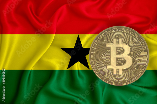 Ghana flag, bitcoin gold coin on flag background. The concept of blockchain, bitcoin, currency decentralization in the country. 3d-rendering